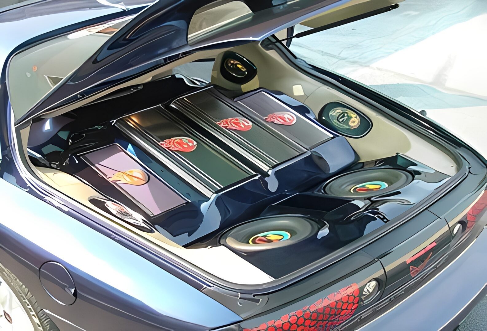 Car trunk with custom audio system and subwoofers
