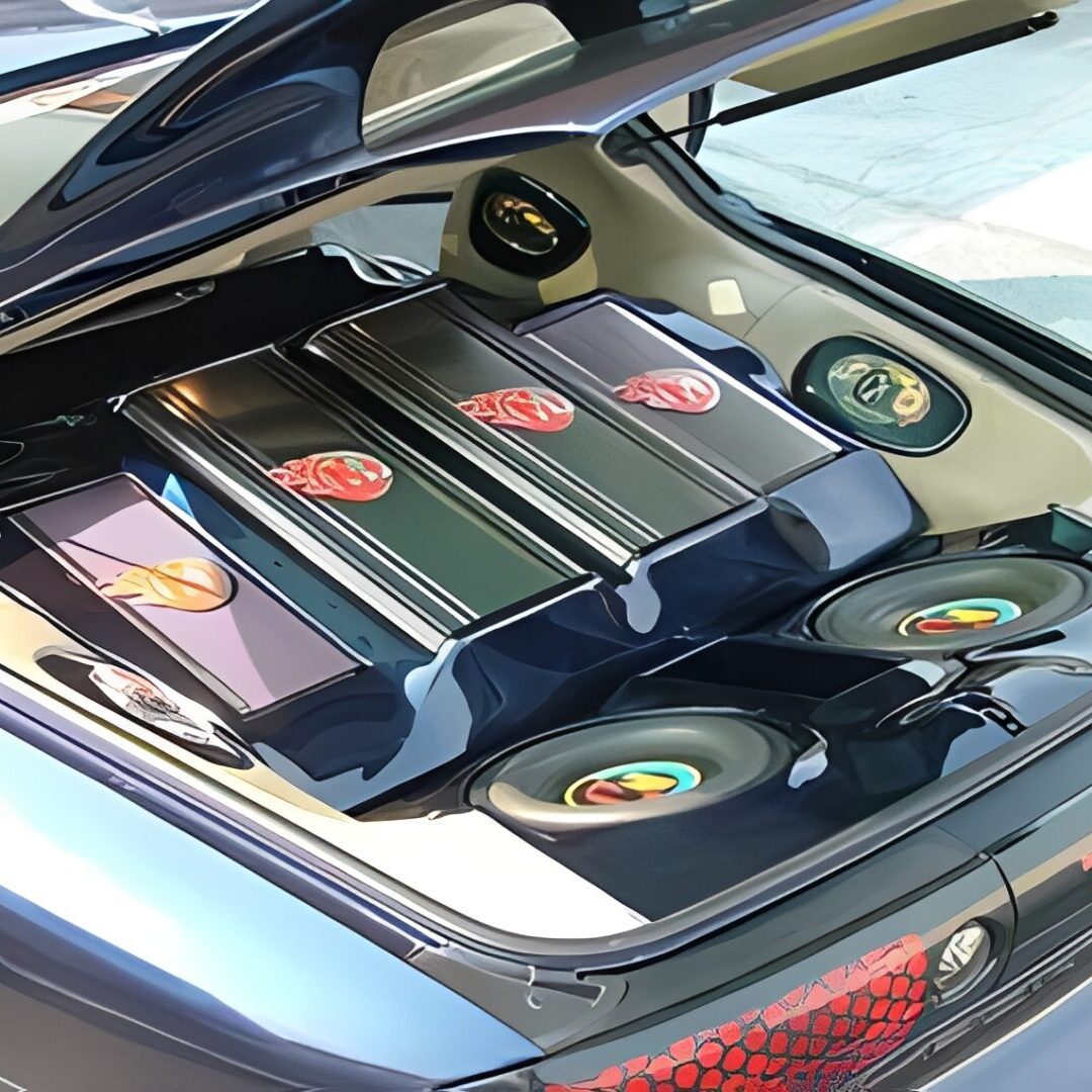 Car trunk with custom audio amplifiers and subwoofers